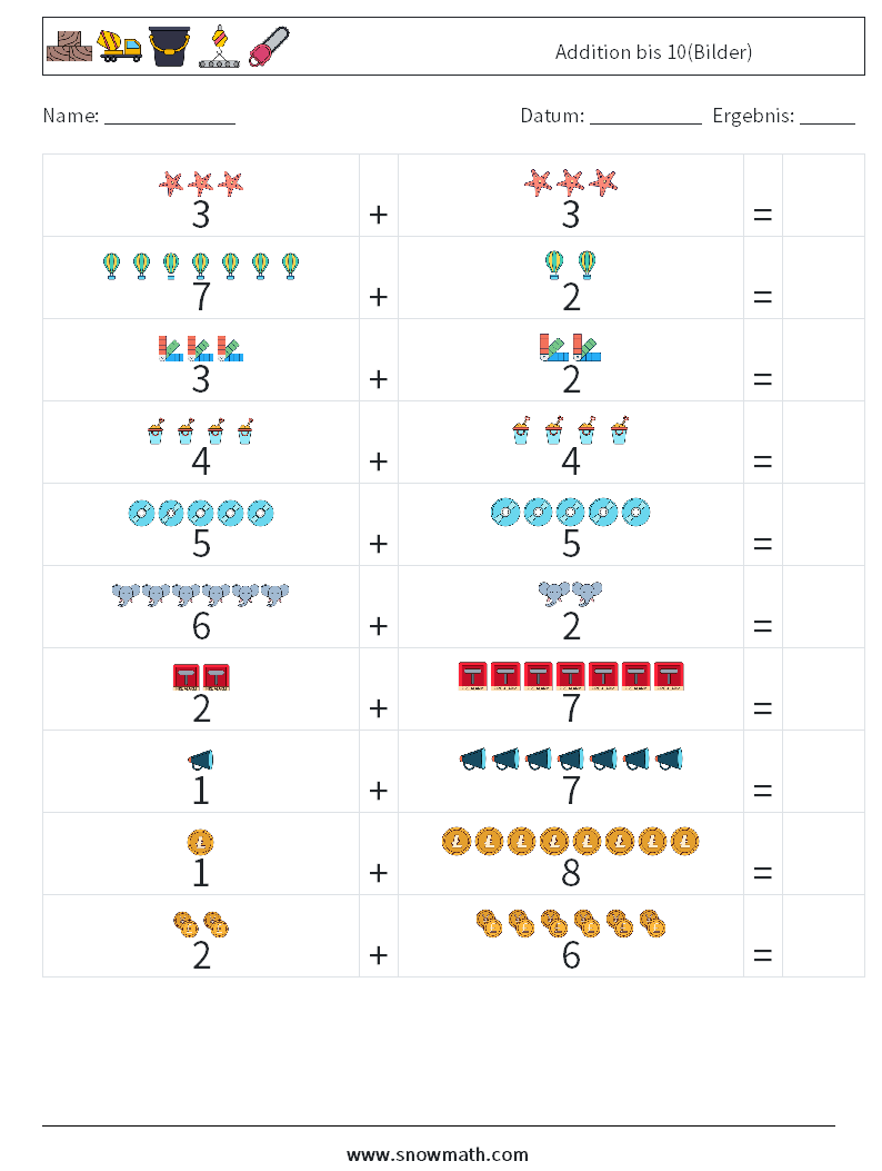 Addition bis 10(Bilder) Mathe-Arbeitsblätter 18