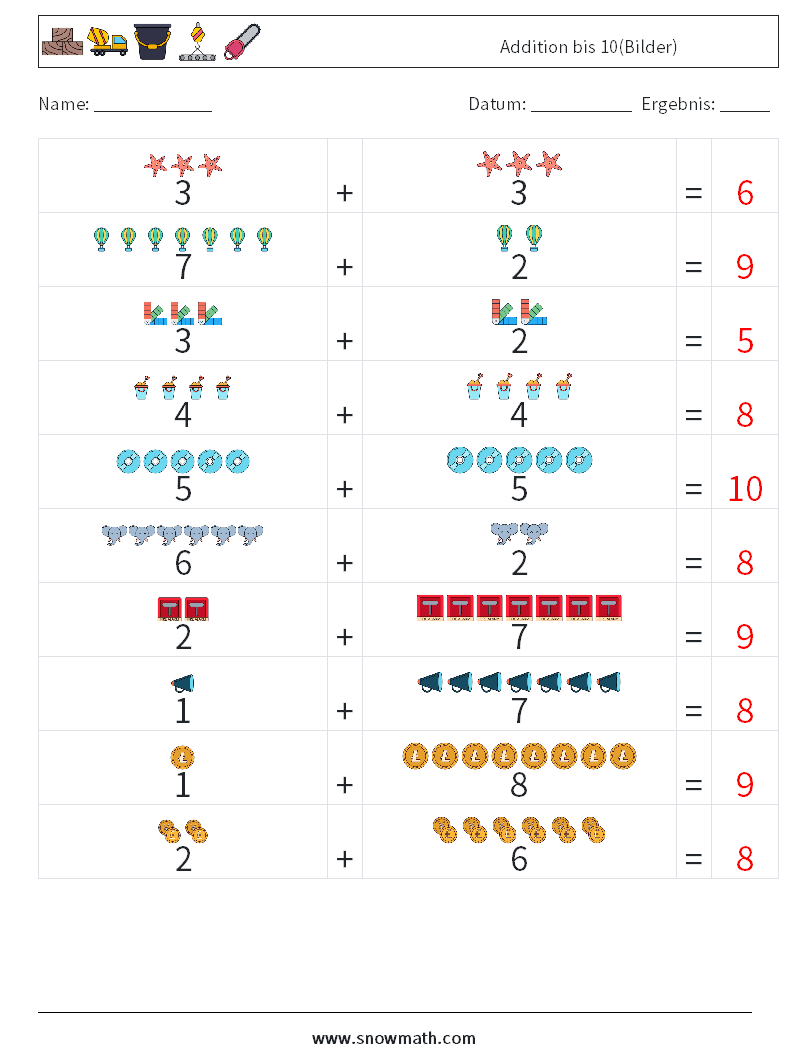 Addition bis 10(Bilder) Mathe-Arbeitsblätter 18 Frage, Antwort