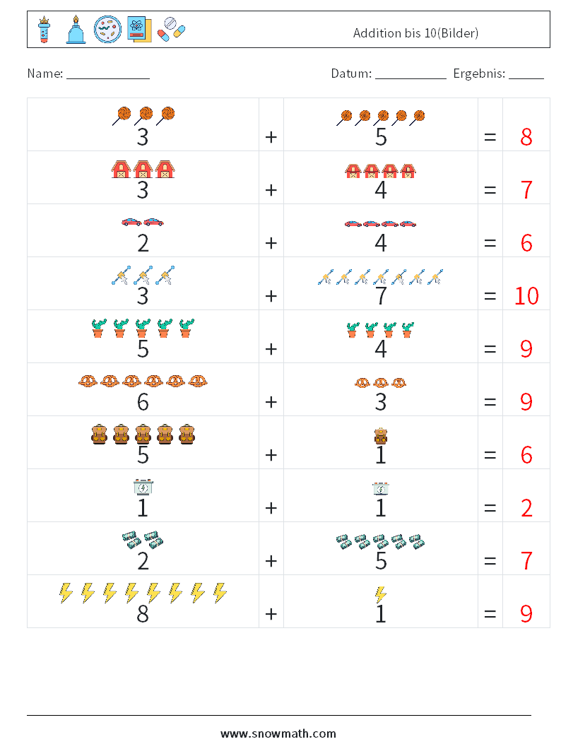 Addition bis 10(Bilder) Mathe-Arbeitsblätter 1 Frage, Antwort