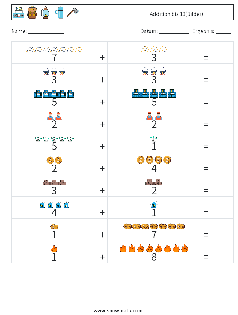 Addition bis 10(Bilder) Mathe-Arbeitsblätter 2