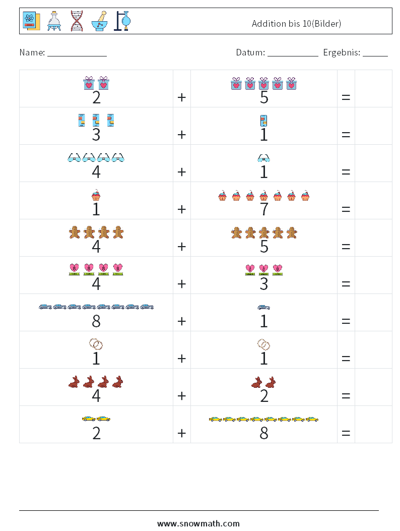 Addition bis 10(Bilder) Mathe-Arbeitsblätter 3