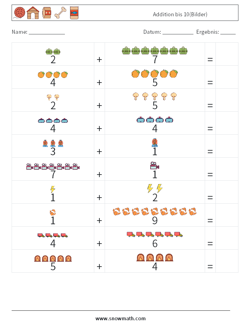 Addition bis 10(Bilder) Mathe-Arbeitsblätter 4