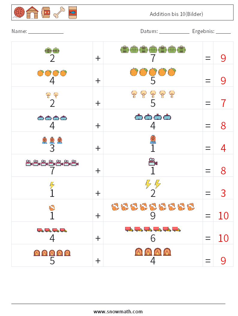 Addition bis 10(Bilder) Mathe-Arbeitsblätter 4 Frage, Antwort