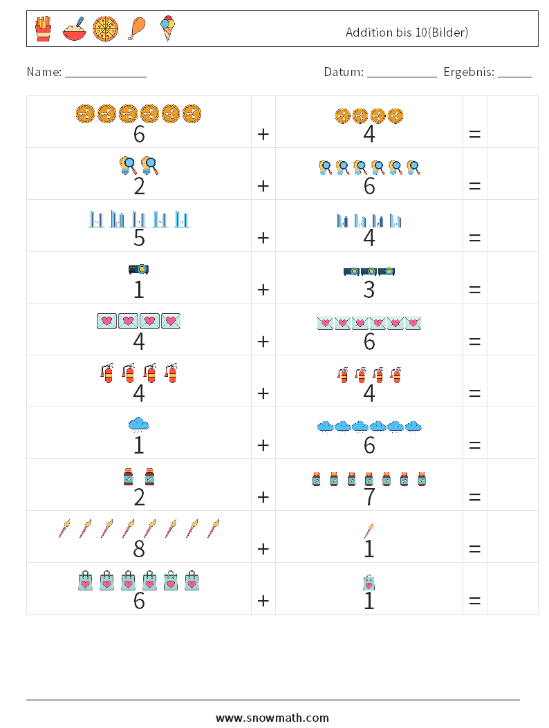 Addition bis 10(Bilder) Mathe-Arbeitsblätter 5