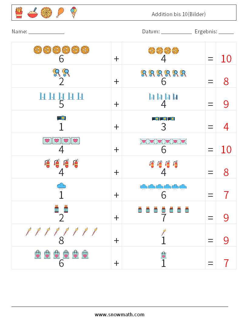 Addition bis 10(Bilder) Mathe-Arbeitsblätter 5 Frage, Antwort