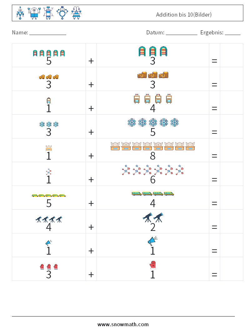 Addition bis 10(Bilder) Mathe-Arbeitsblätter 6