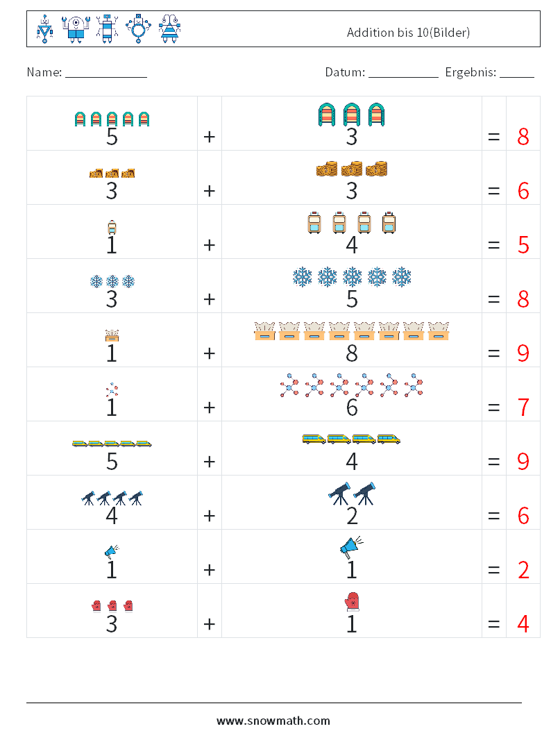 Addition bis 10(Bilder) Mathe-Arbeitsblätter 6 Frage, Antwort