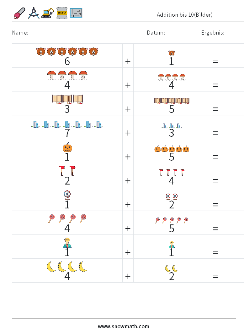 Addition bis 10(Bilder) Mathe-Arbeitsblätter 7