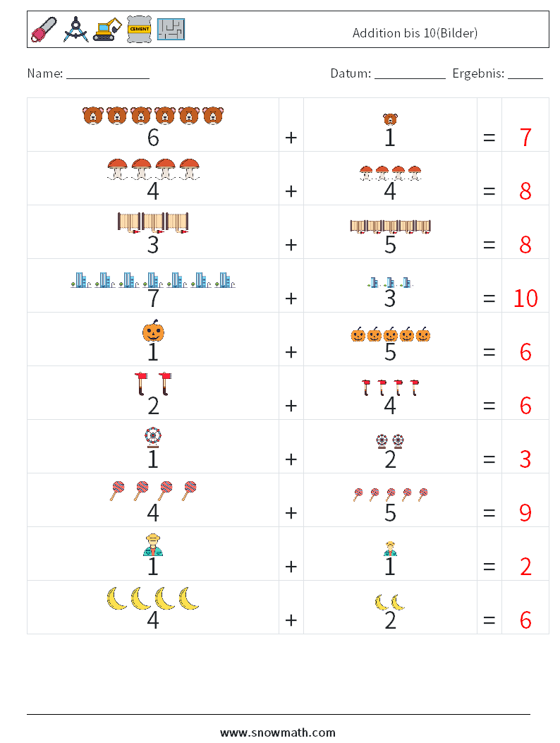 Addition bis 10(Bilder) Mathe-Arbeitsblätter 7 Frage, Antwort