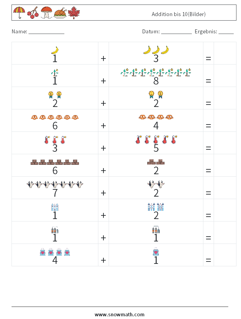 Addition bis 10(Bilder) Mathe-Arbeitsblätter 8