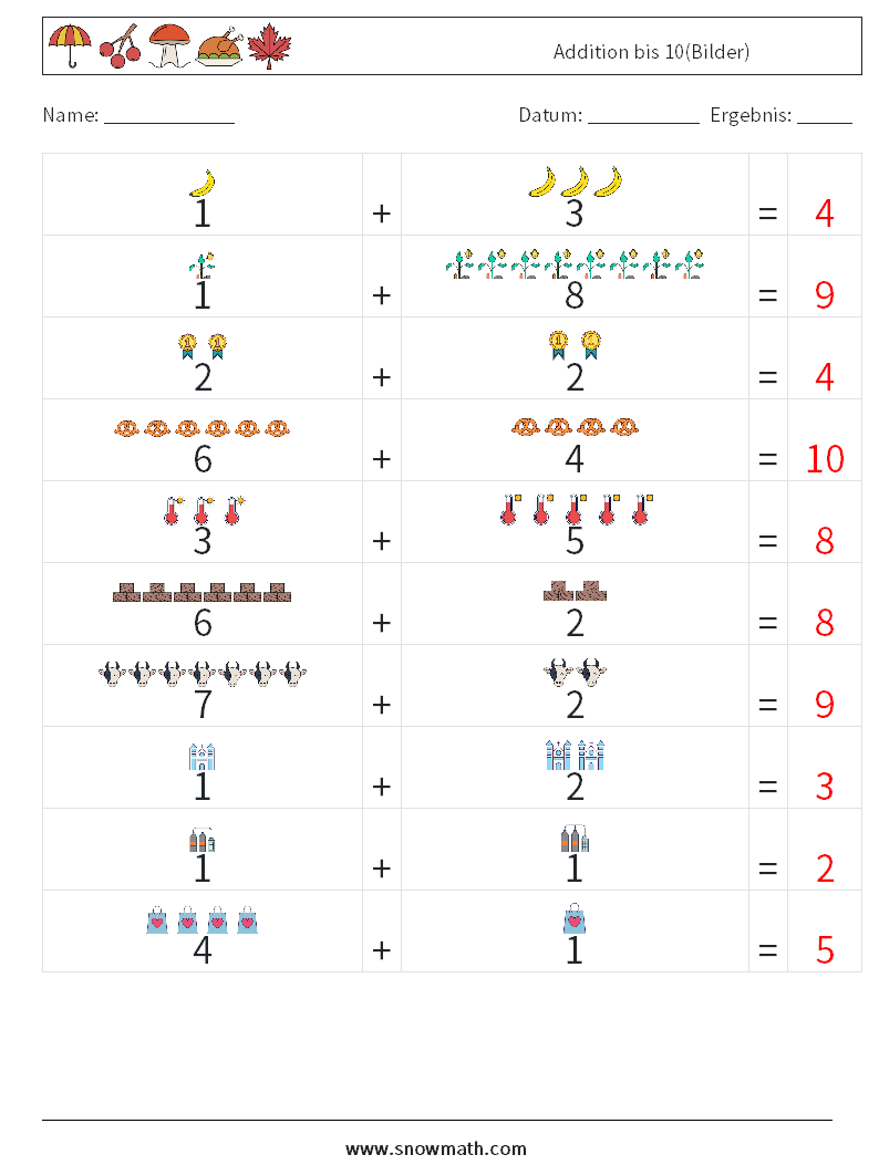 Addition bis 10(Bilder) Mathe-Arbeitsblätter 8 Frage, Antwort