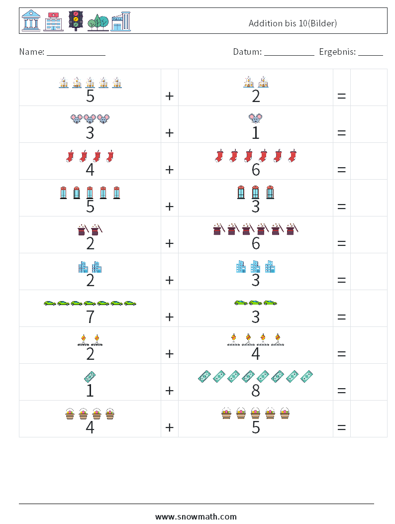 Addition bis 10(Bilder) Mathe-Arbeitsblätter 9