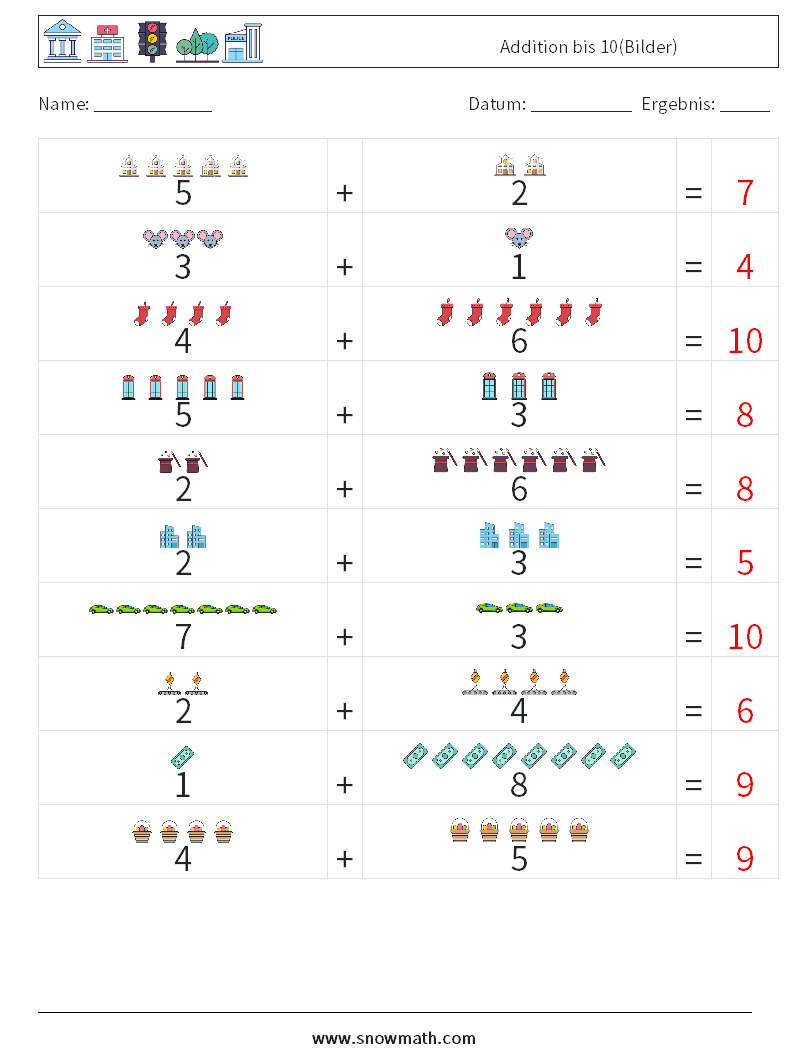 Addition bis 10(Bilder) Mathe-Arbeitsblätter 9 Frage, Antwort