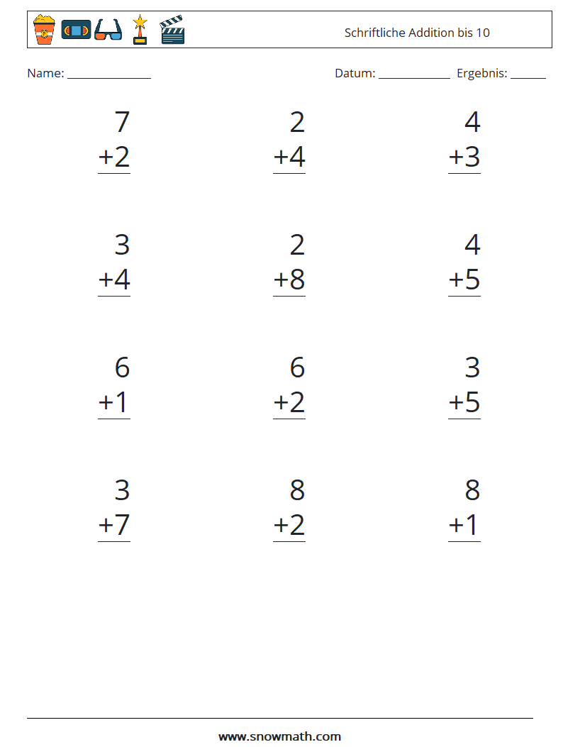 (12) Schriftliche Addition bis 10 Mathe-Arbeitsblätter 1