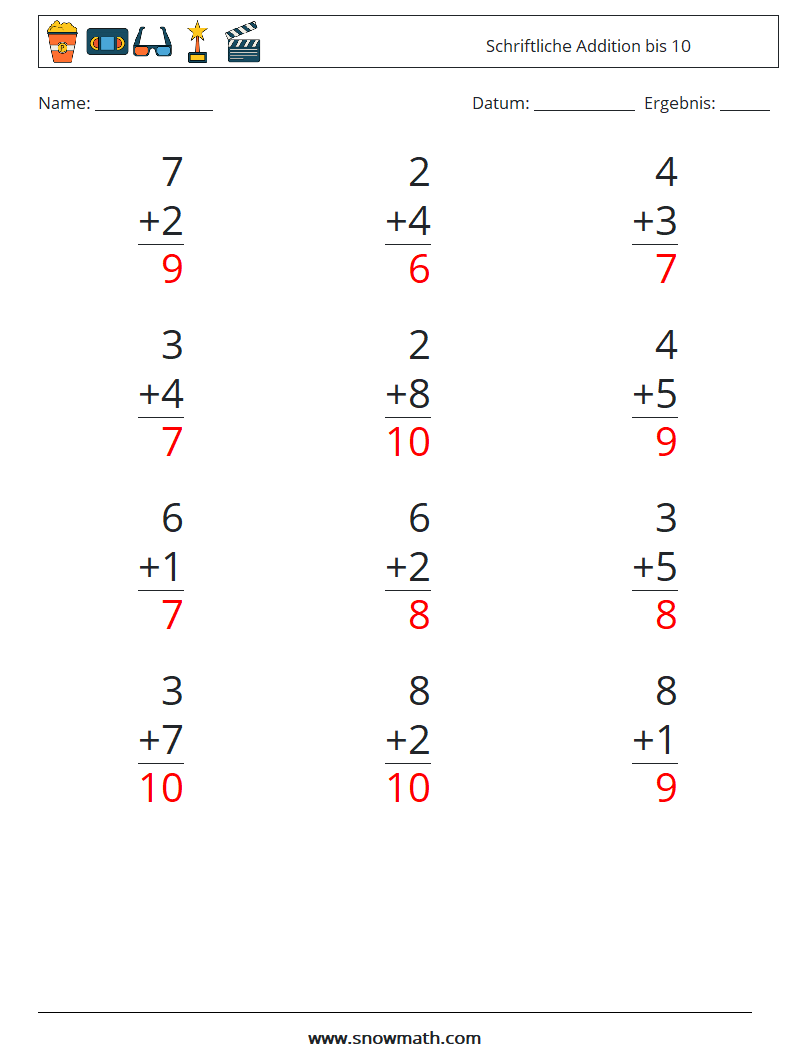 (12) Schriftliche Addition bis 10 Mathe-Arbeitsblätter 1 Frage, Antwort