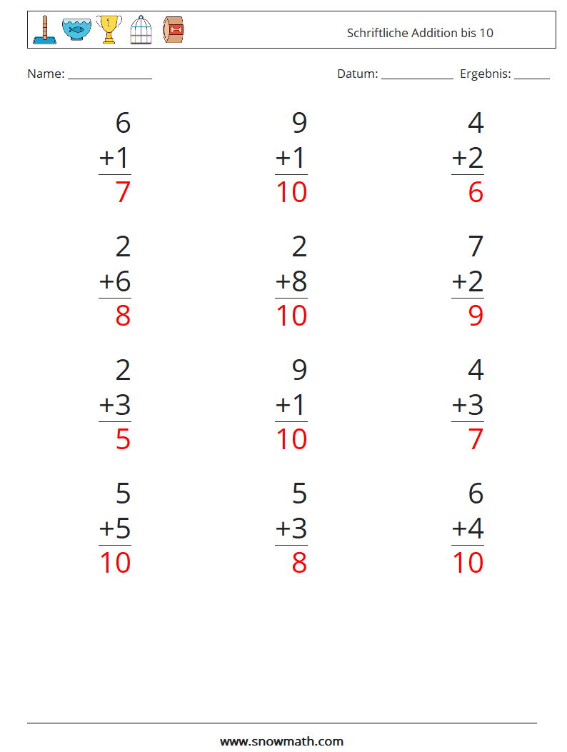(12) Schriftliche Addition bis 10 Mathe-Arbeitsblätter 2 Frage, Antwort