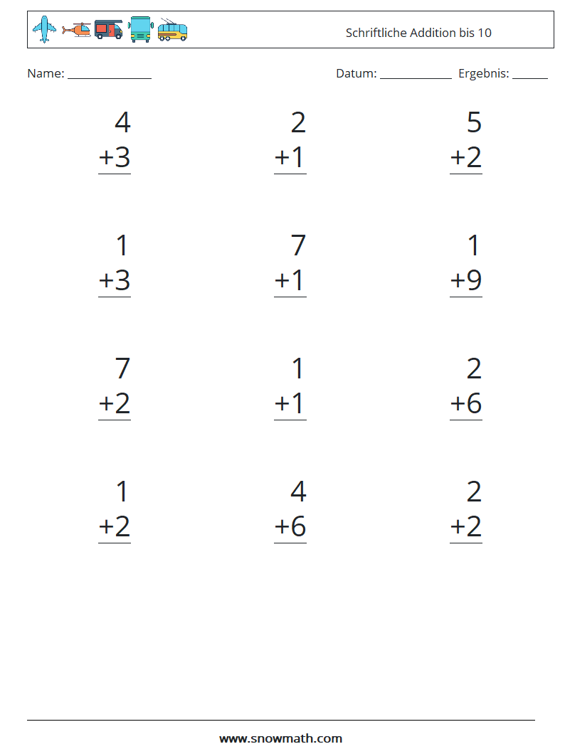 (12) Schriftliche Addition bis 10 Mathe-Arbeitsblätter 3