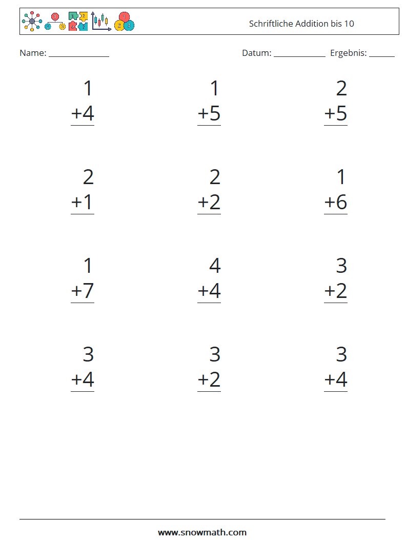 (12) Schriftliche Addition bis 10 Mathe-Arbeitsblätter 4