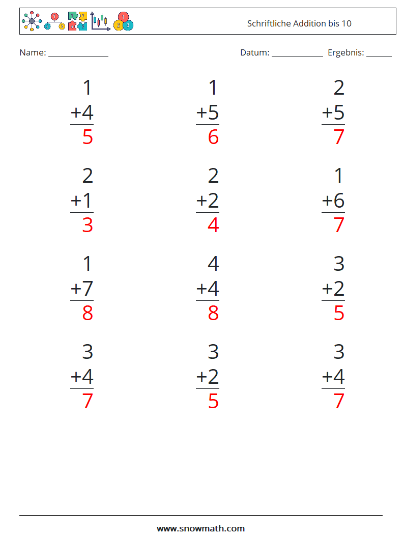 (12) Schriftliche Addition bis 10 Mathe-Arbeitsblätter 4 Frage, Antwort