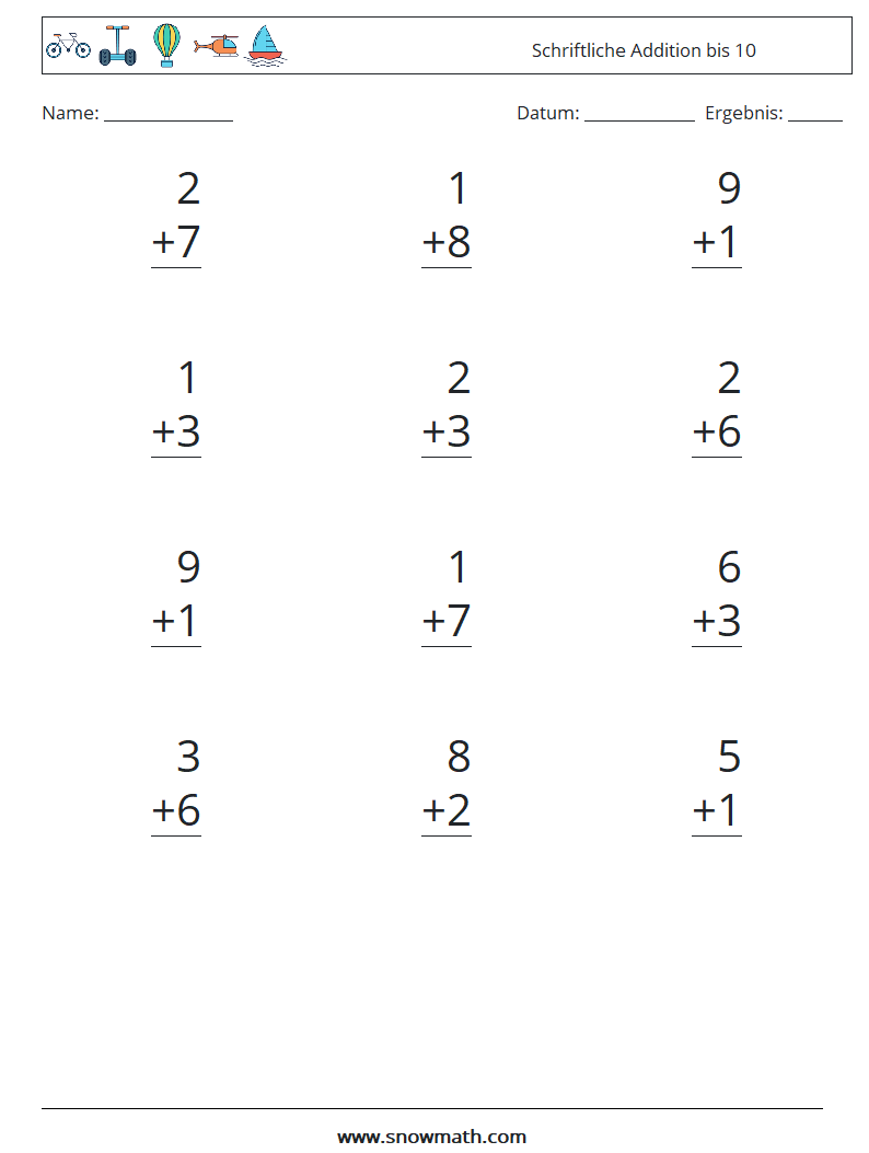 (12) Schriftliche Addition bis 10 Mathe-Arbeitsblätter 5