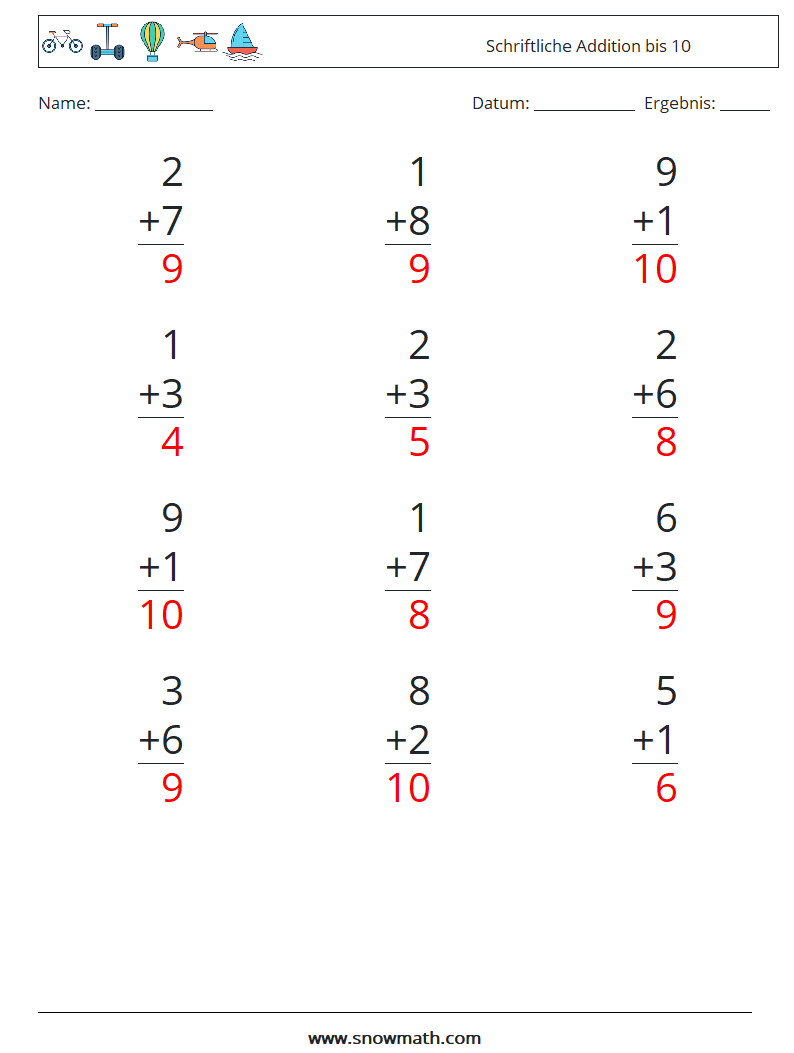 (12) Schriftliche Addition bis 10 Mathe-Arbeitsblätter 5 Frage, Antwort