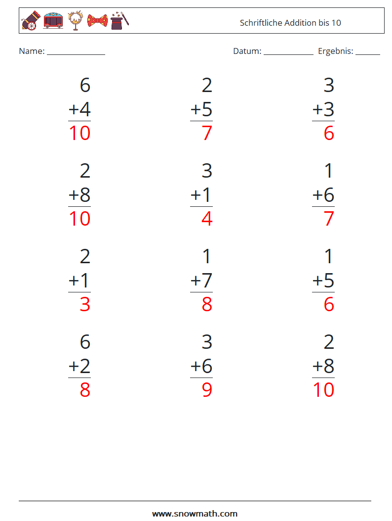 (12) Schriftliche Addition bis 10 Mathe-Arbeitsblätter 6 Frage, Antwort