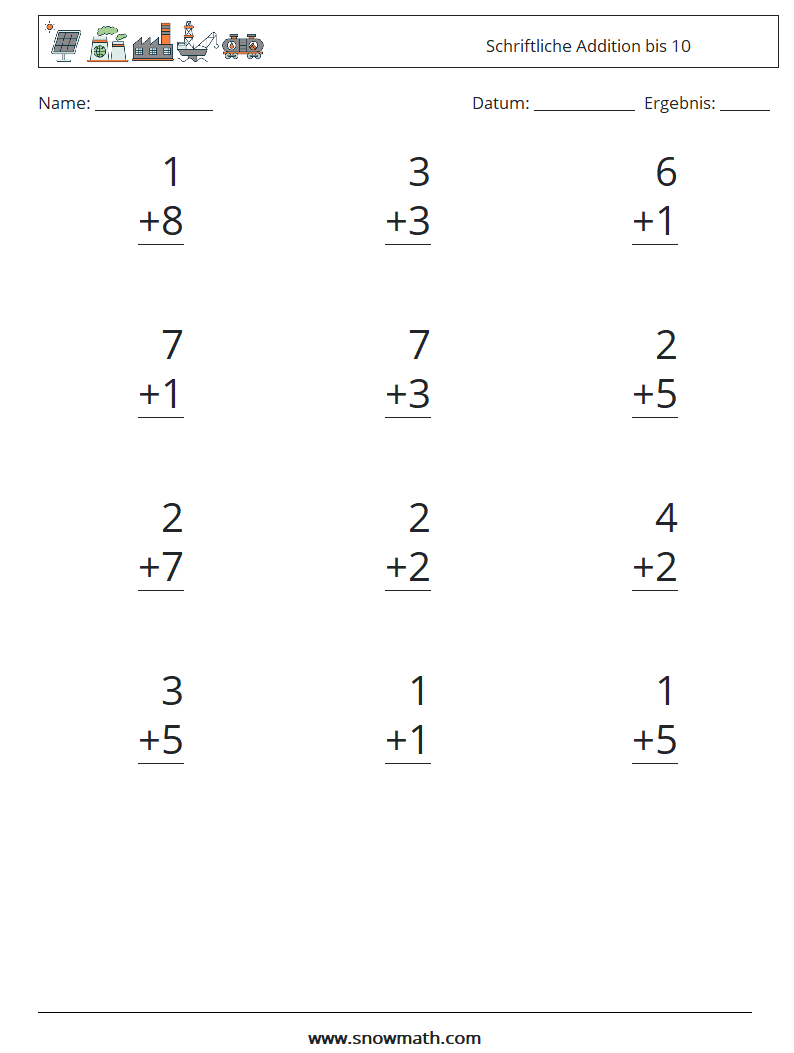 (12) Schriftliche Addition bis 10 Mathe-Arbeitsblätter 7