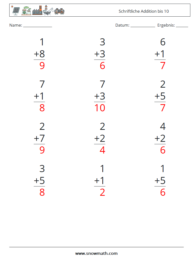 (12) Schriftliche Addition bis 10 Mathe-Arbeitsblätter 7 Frage, Antwort