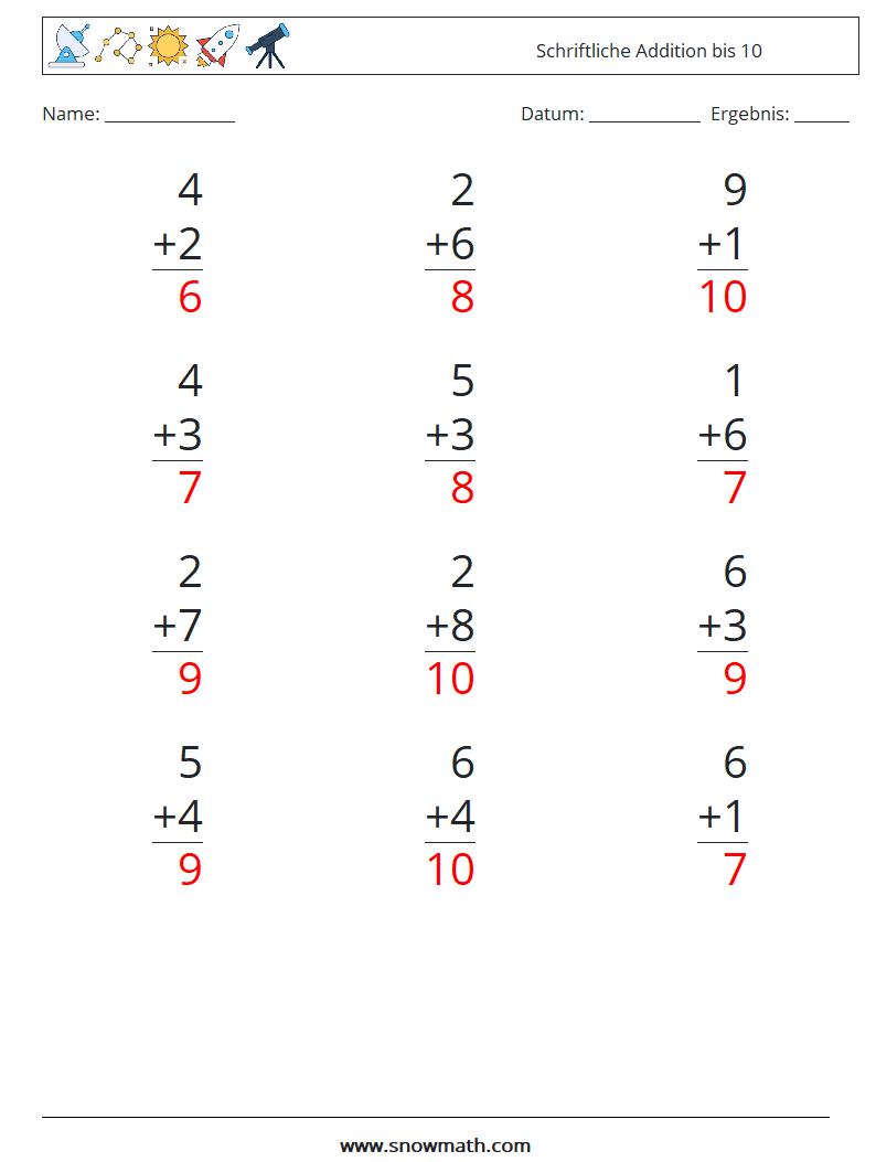 (12) Schriftliche Addition bis 10 Mathe-Arbeitsblätter 8 Frage, Antwort
