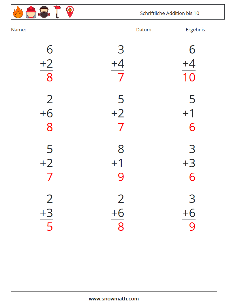 (12) Schriftliche Addition bis 10 Mathe-Arbeitsblätter 9 Frage, Antwort