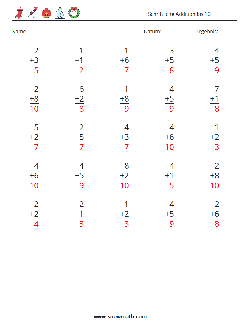 (25) Schriftliche Addition bis 10 Mathe-Arbeitsblätter 1 Frage, Antwort