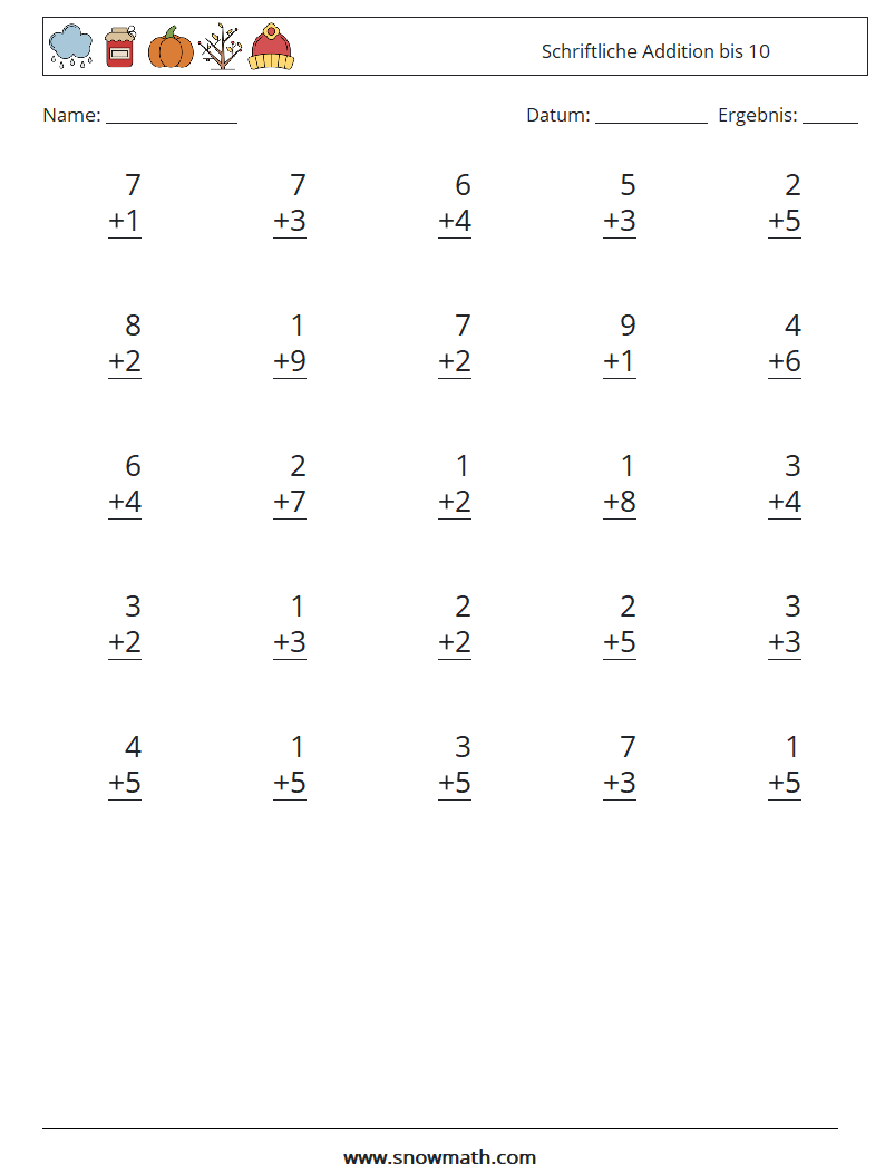(25) Schriftliche Addition bis 10 Mathe-Arbeitsblätter 2