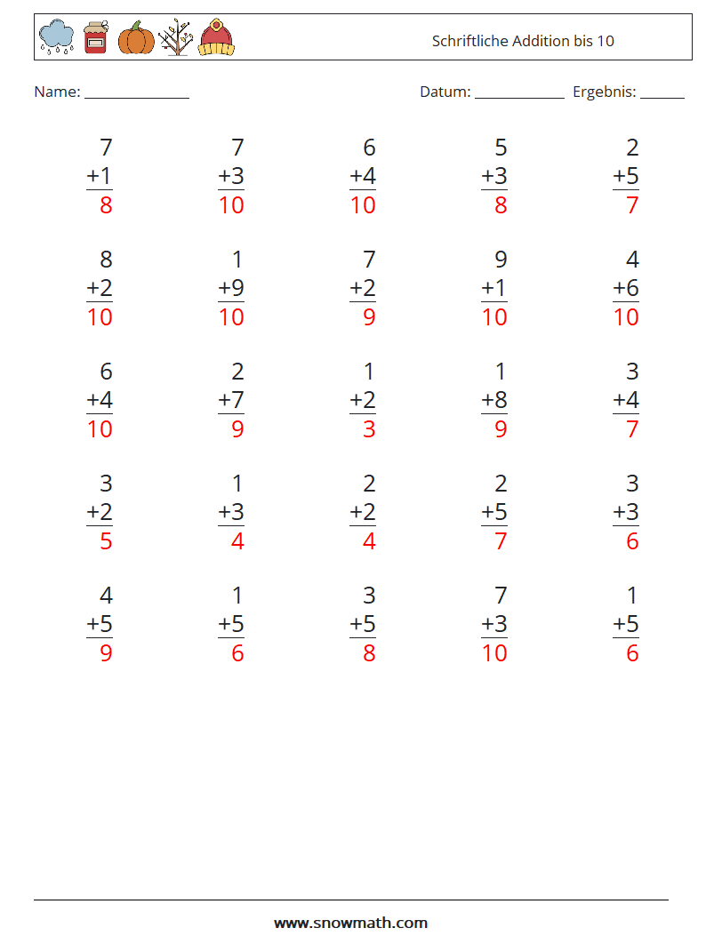 (25) Schriftliche Addition bis 10 Mathe-Arbeitsblätter 2 Frage, Antwort