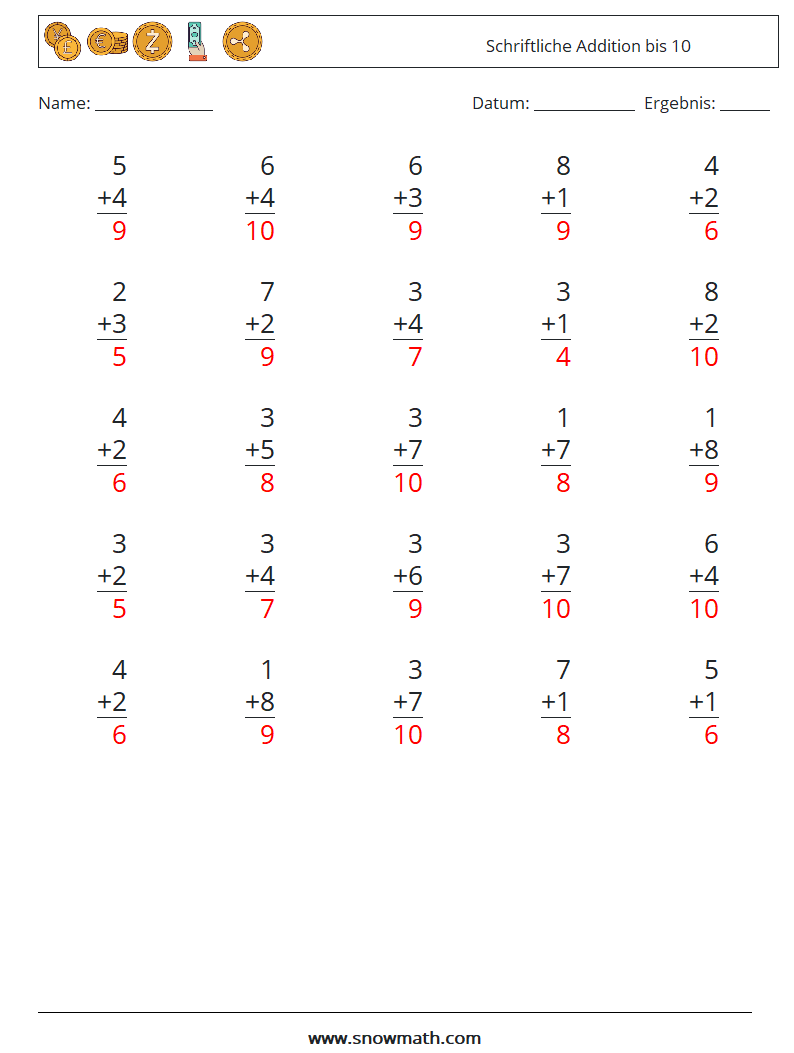 (25) Schriftliche Addition bis 10 Mathe-Arbeitsblätter 3 Frage, Antwort