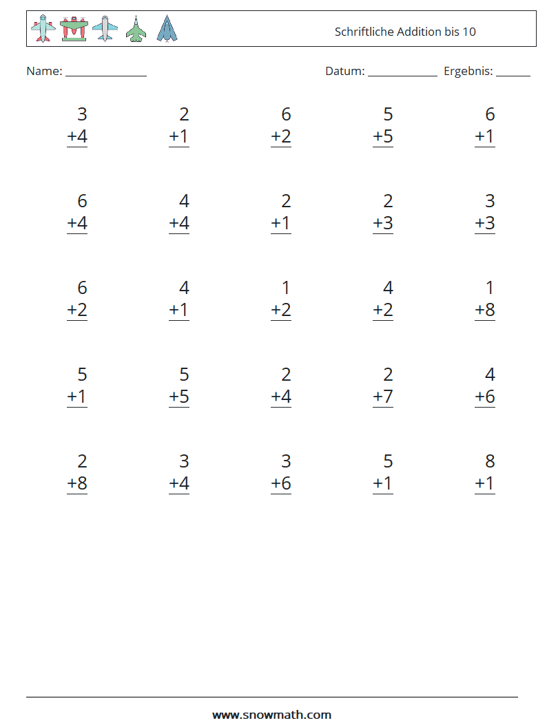 (25) Schriftliche Addition bis 10 Mathe-Arbeitsblätter 4