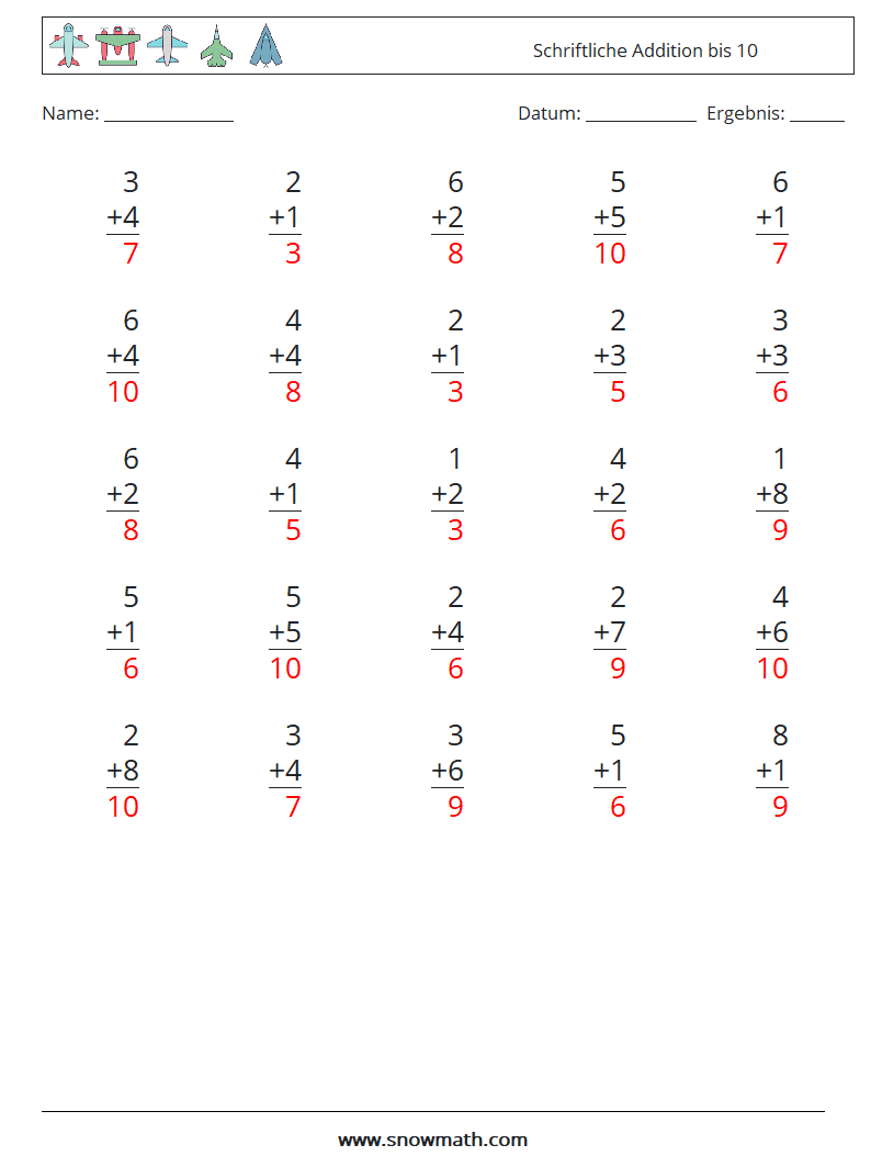 (25) Schriftliche Addition bis 10 Mathe-Arbeitsblätter 4 Frage, Antwort