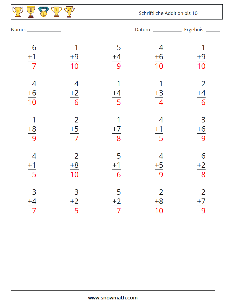(25) Schriftliche Addition bis 10 Mathe-Arbeitsblätter 5 Frage, Antwort