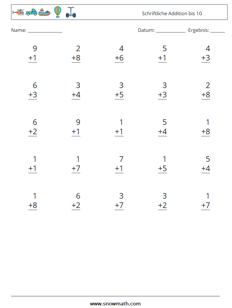 (25) Schriftliche Addition bis 10 Mathe-Arbeitsblätter 6