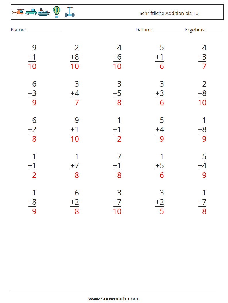 (25) Schriftliche Addition bis 10 Mathe-Arbeitsblätter 6 Frage, Antwort