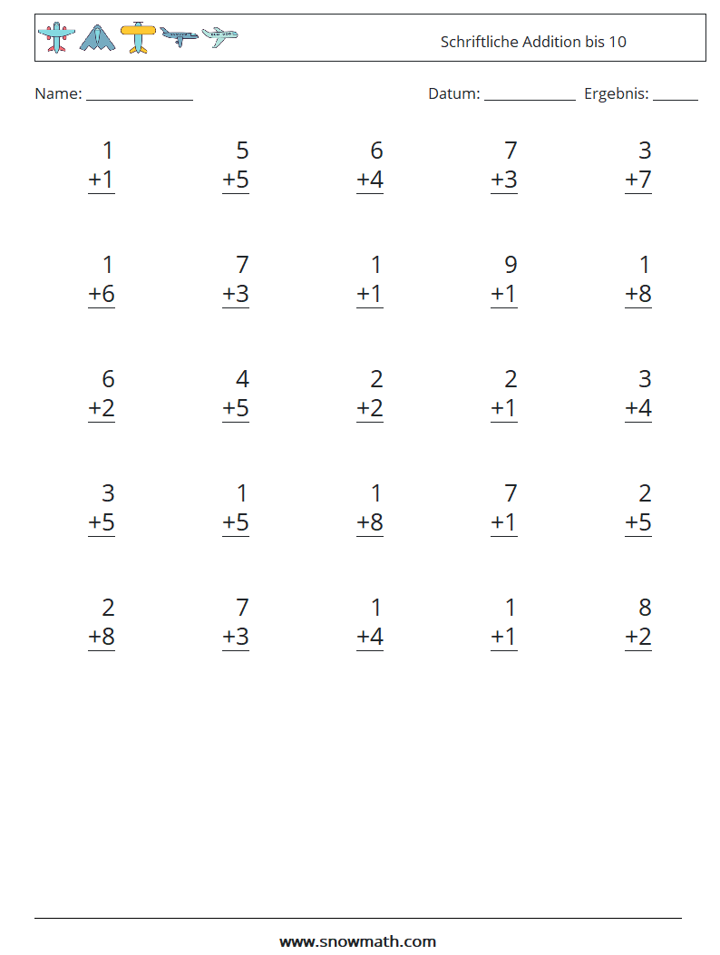 (25) Schriftliche Addition bis 10 Mathe-Arbeitsblätter 7