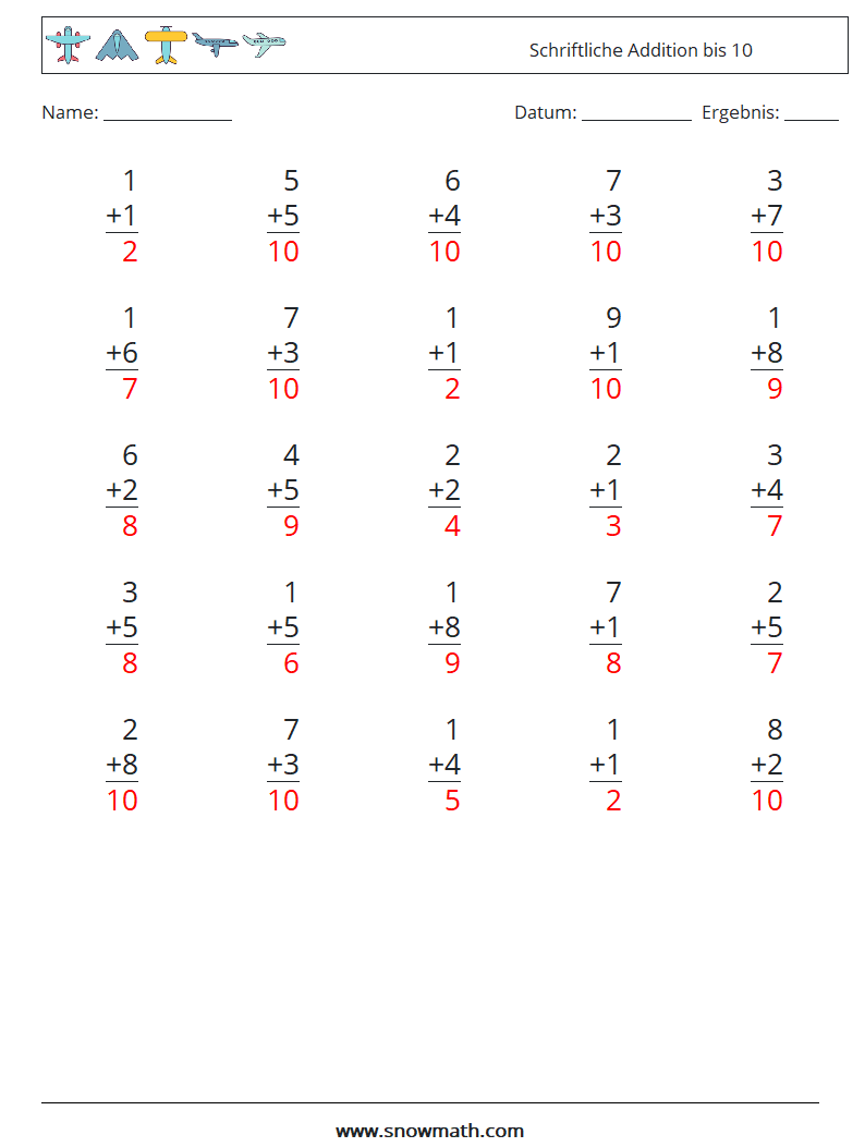 (25) Schriftliche Addition bis 10 Mathe-Arbeitsblätter 7 Frage, Antwort