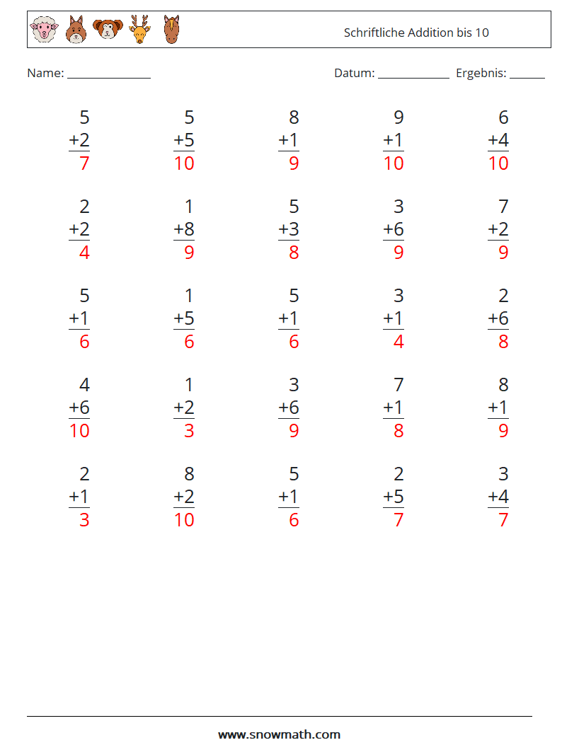 (25) Schriftliche Addition bis 10 Mathe-Arbeitsblätter 8 Frage, Antwort