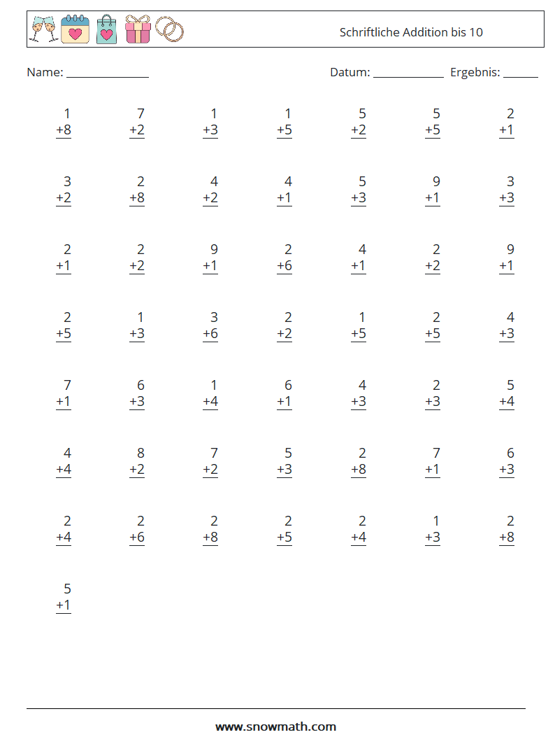 (50) Schriftliche Addition bis 10 Mathe-Arbeitsblätter 1