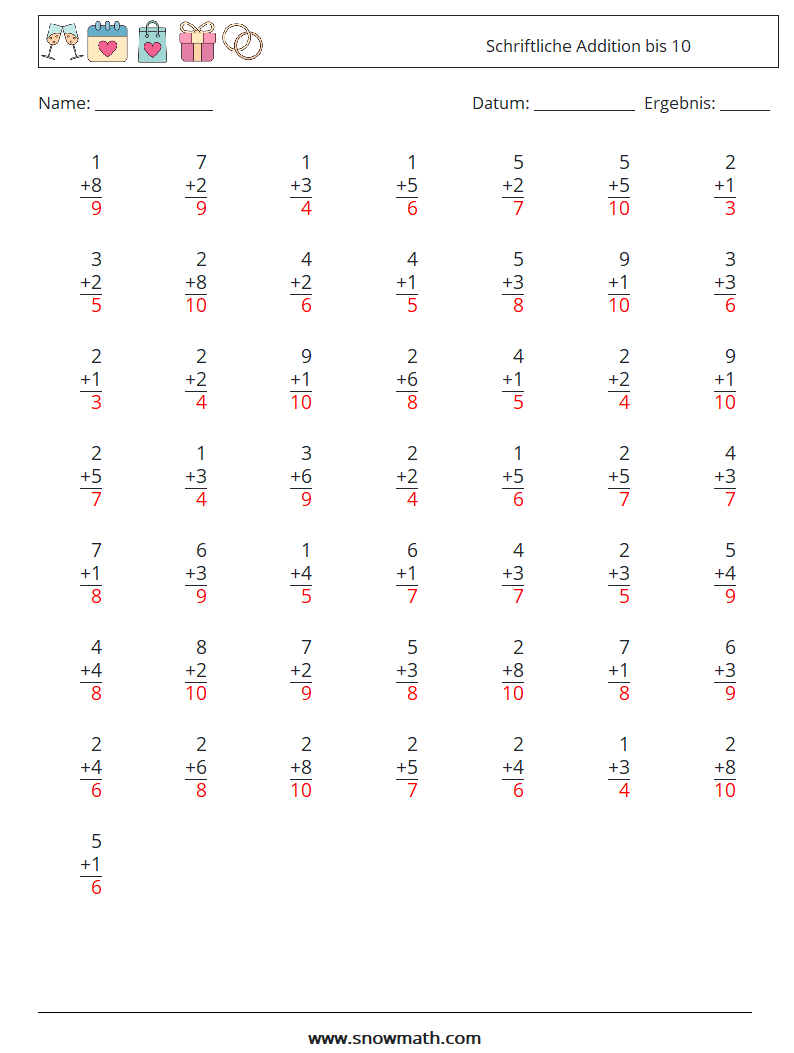 (50) Schriftliche Addition bis 10 Mathe-Arbeitsblätter 1 Frage, Antwort