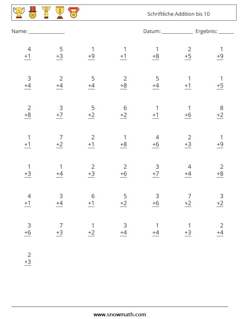 (50) Schriftliche Addition bis 10 Mathe-Arbeitsblätter 2
