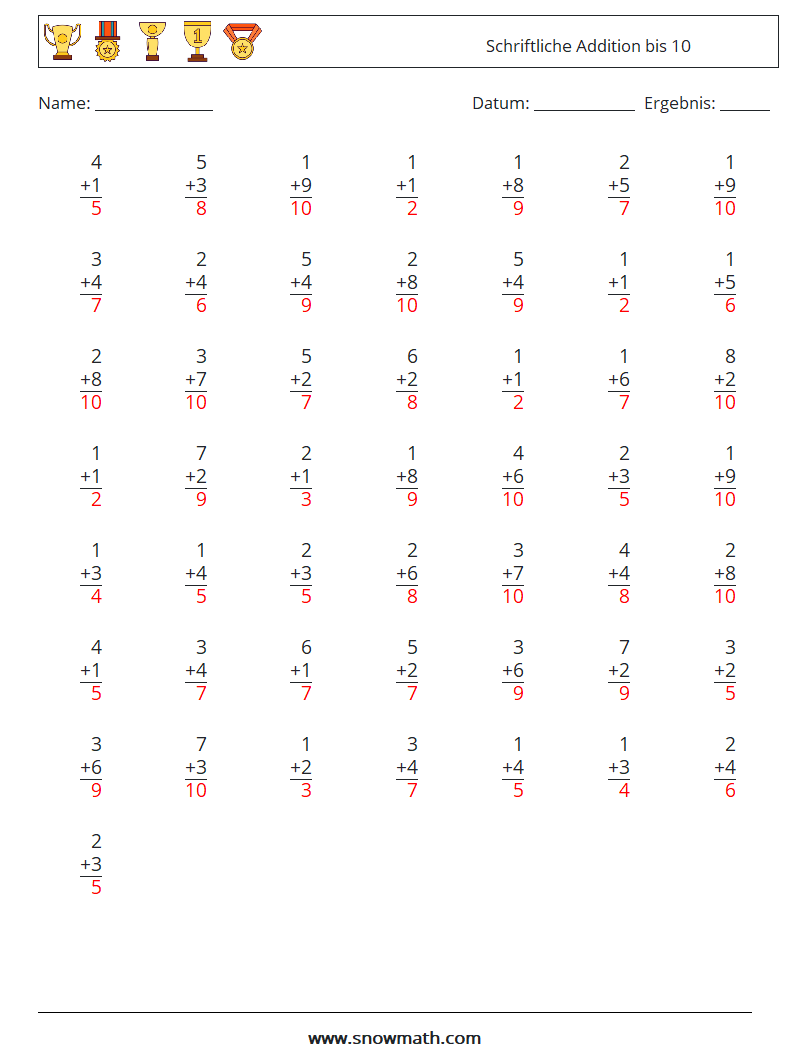 (50) Schriftliche Addition bis 10 Mathe-Arbeitsblätter 2 Frage, Antwort