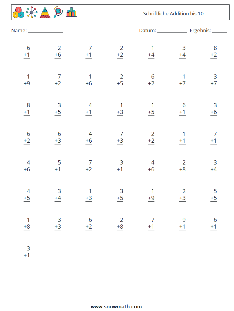 (50) Schriftliche Addition bis 10 Mathe-Arbeitsblätter 3