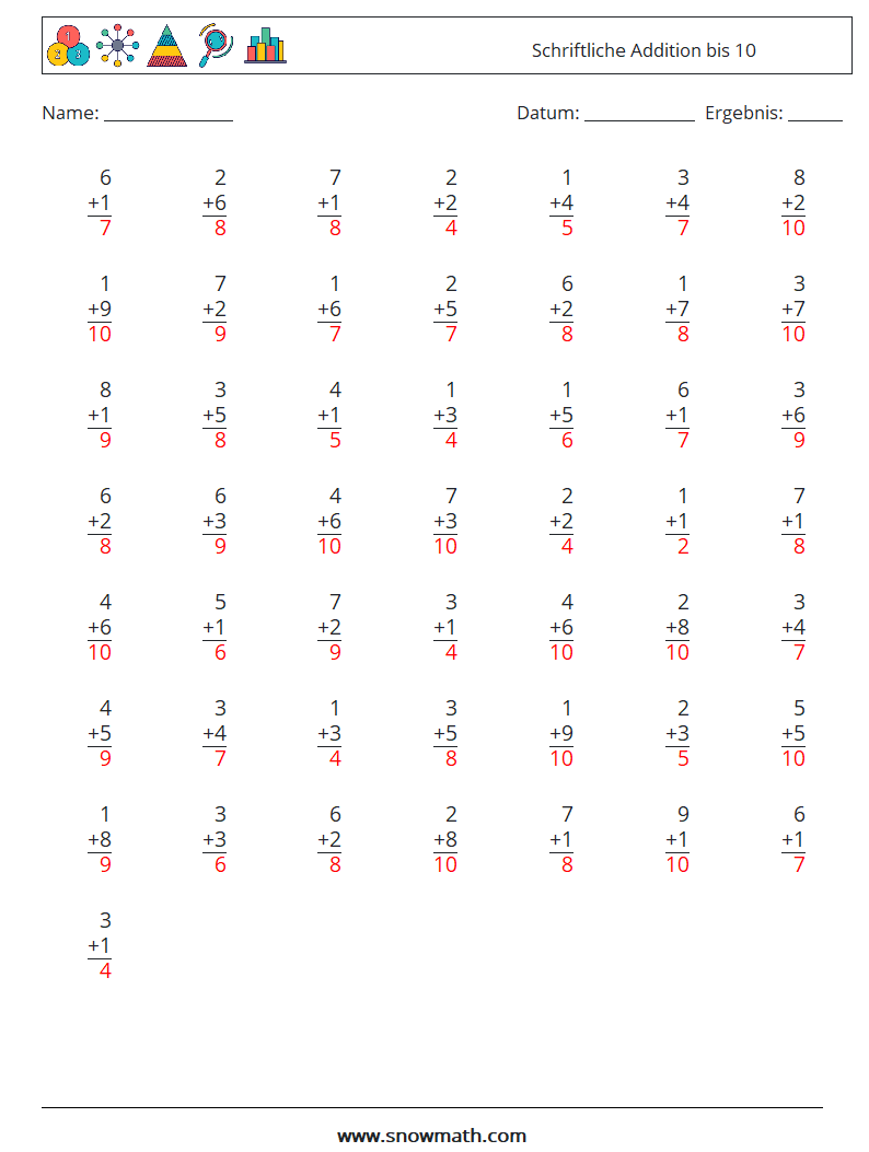 (50) Schriftliche Addition bis 10 Mathe-Arbeitsblätter 3 Frage, Antwort