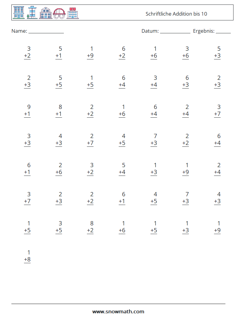 (50) Schriftliche Addition bis 10 Mathe-Arbeitsblätter 4