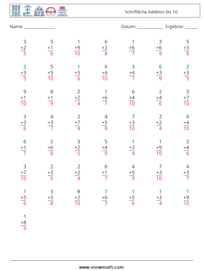 (50) Schriftliche Addition bis 10 Mathe-Arbeitsblätter 4 Frage, Antwort